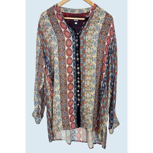 JOHNNY WAS Workshop Printed Semi Sheer Full Button Top Sz Sm *Flaw*